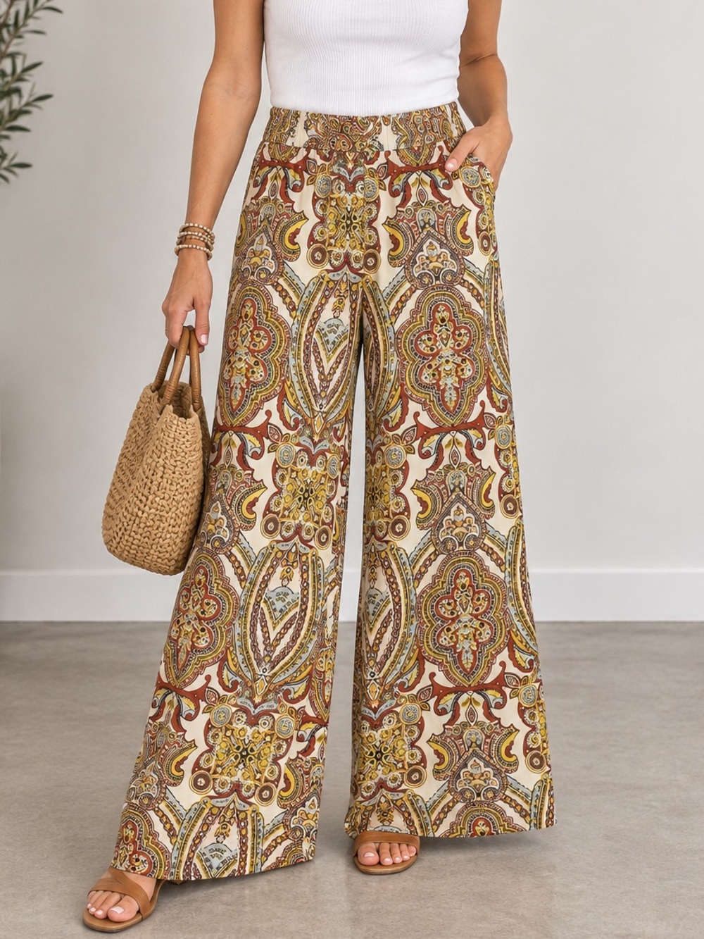 Cato Paisley Wide Leg Palazzo Pants Size M Boho Medallion Print
